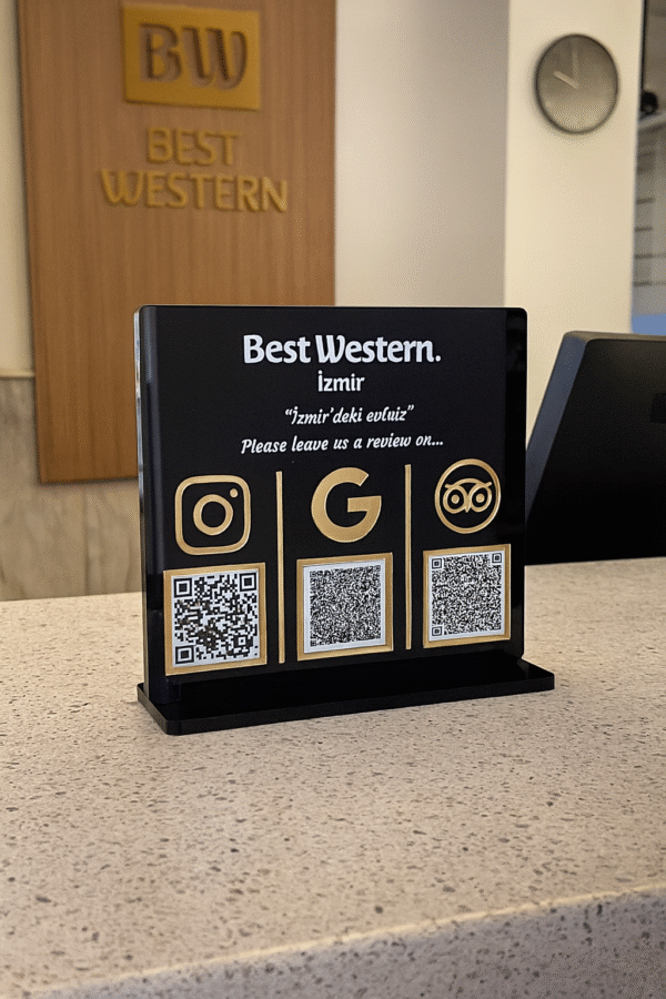 Lüks Pleksi Masaüstü QR Kod Standı – Gold Detaylı, Restoran, Otel, Spa için Değerlendirme ve Sosyal Medya Yönlendirme - Görsel 2