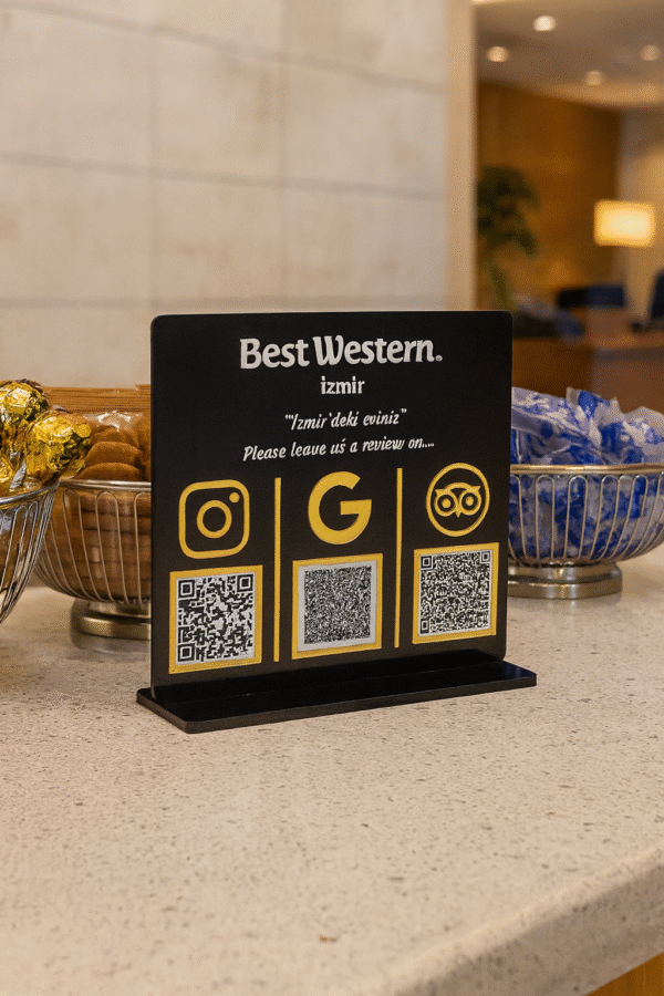 Lüks Pleksi Masaüstü QR Kod Standı – Gold Detaylı, Restoran, Otel, Spa için Değerlendirme ve Sosyal Medya Yönlendirme - Görsel 7